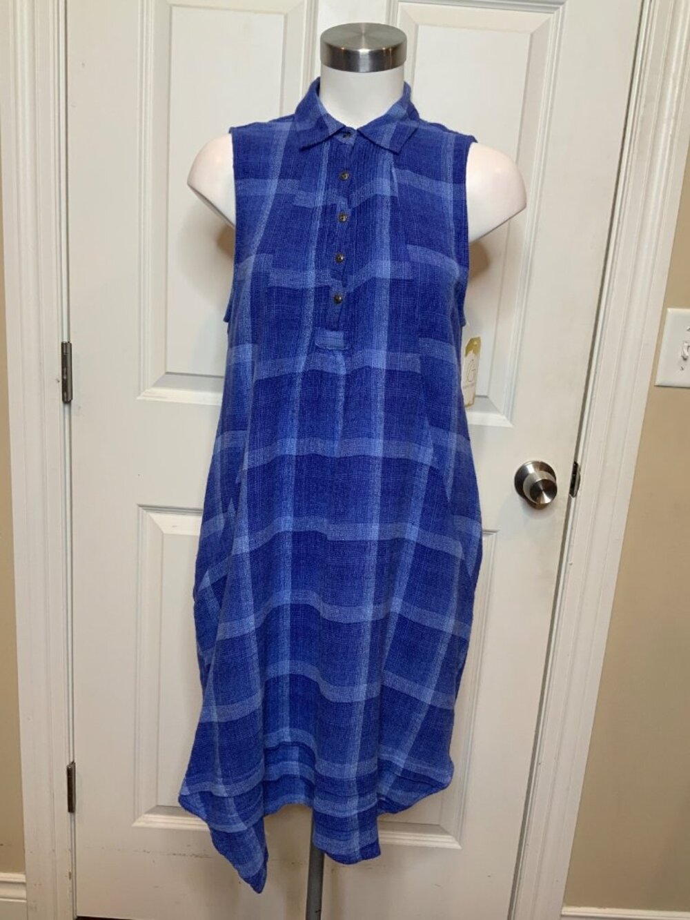 Isabella Sinclair Anthropologie Blue Plaid Sleeveless Collared Dress, Size S